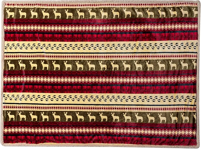 PAVILIA Premium Christmas Sherpa Throw Blanket, Green Red Cabin Design with Reindeer Print, Ultra Soft Reversible Fleece & Sherpa 90x90 Queen Winter Blanket, Cozy Christmas & Holiday Decor