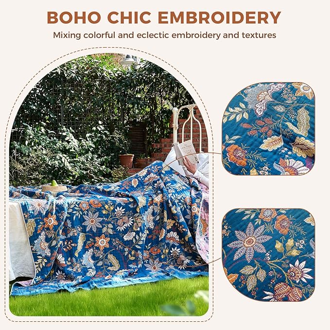 Boho Throw Blanket for Bed Cotton Spring Blankets Bedroom Living Room Twin All Season Lightweight Floral Embroidery Quilt for Couch Sofa Chair 60"x80"