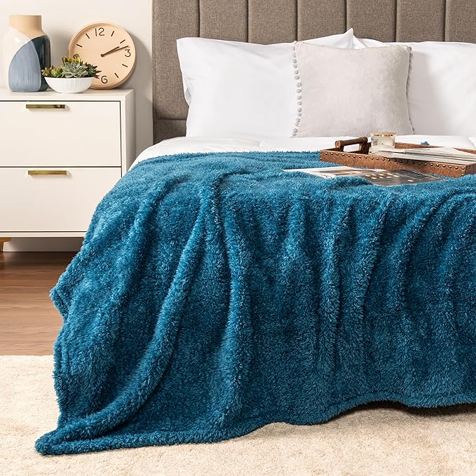 PAVILIA Sherpa Throw Blanket for Couch Sofa, Turquoise Teal Blue Fluffy Warm Plush Blanket for Bed, Cozy Super Soft Lightweight Throw, Fuzzy Decorative Blanket, All Season Home, 50x60