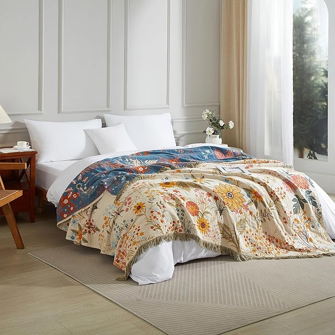 Boho Throw Blanket for Bed 80”x90”, 100% Cotton Woven Blanket for Couch Sofa, Ultra Soft 4-Layer Muslin Quilt with Floral Printed, Farmhouse Bed Blanket/Cover for Living Room Decor