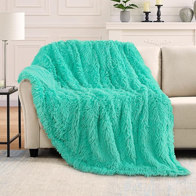 TOONOW Extra Soft Fuzzy Faux Fur Blanket Twin Size 70"x78", Reversible Lightweight Plush Fuzzy Cozy Soft Blankets and Throws for Couch Sofa Bed, Decorative Fluffy Plush Comfy Blanket, Turquoise