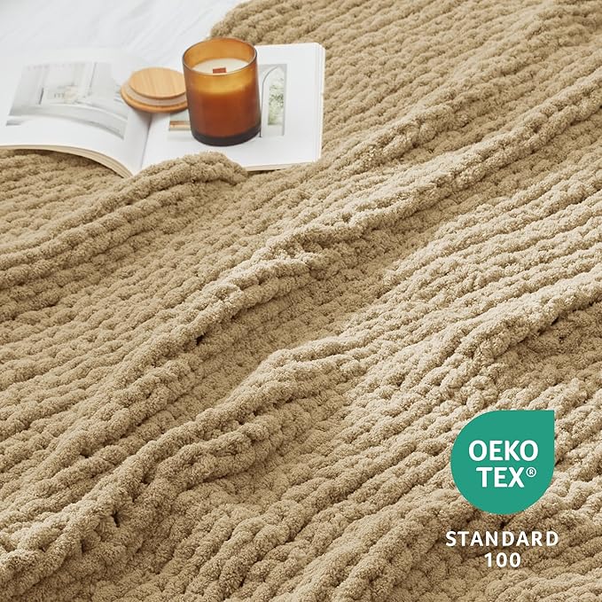 Amélie Home Chunky Knit Throw Blanket for Couch, Soft Chenille Crochet Blanket for Sofa, 50"x60", Beige