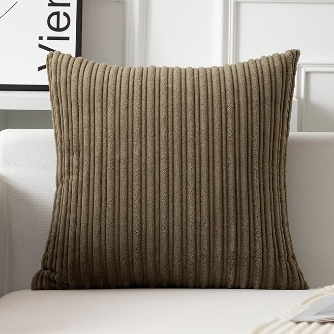 UGASA Velvet 20x20 Inch Soft Throw Pillow Covers Decorative Corduroy Striped Both Sides Solid Square Cushion Cases Boho Farmhouse for Couch Bedroom Sofa Home, Pack of 2, Olive Green