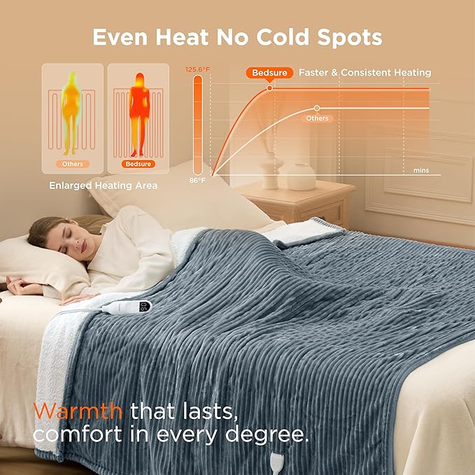 Bedsure Electric Blanket Twin - Soft Ribbed Flannel Heated Blanket, Heating Blanket with 10 Time Settings, 6 Heat Settings, and 8 hrs Timer Auto Shut Off (62x84 inches, Grey)