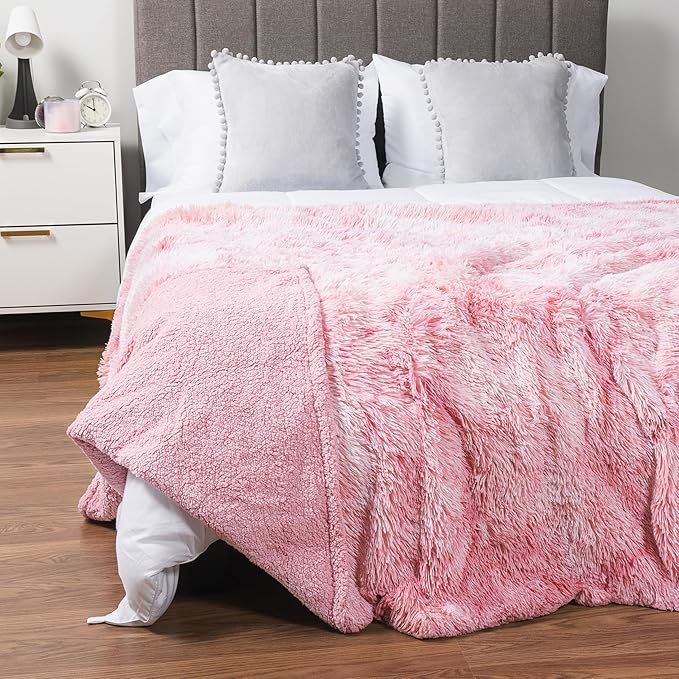 PAVILIA Pink Fluffy Throw Blanket for Couch, Twin Bed, Fuzzy Blanket for Women Men, Furry Plush Warm Blanket Bed Sofa, Super Soft Thick Faux Fur Sherpa Blanket Throw, Tie-Dye, 60x80