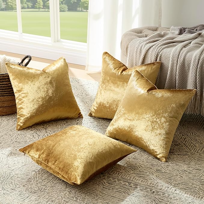 GIGIZAZA Pack of 4 Gold Pillow Covers,16x16 Velvet Throw Pillows Soft Covers Decorative Luxury Couch Square Pillow Covers Modern Living Room Cushion Covers