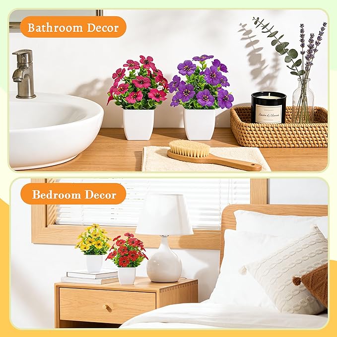 Der Rose 4 Pack Small Fake Plants Spring Artificial Flowers with Fragrance Faux Plants Indoor for Farmhouse Bathroom Office Desk Decor