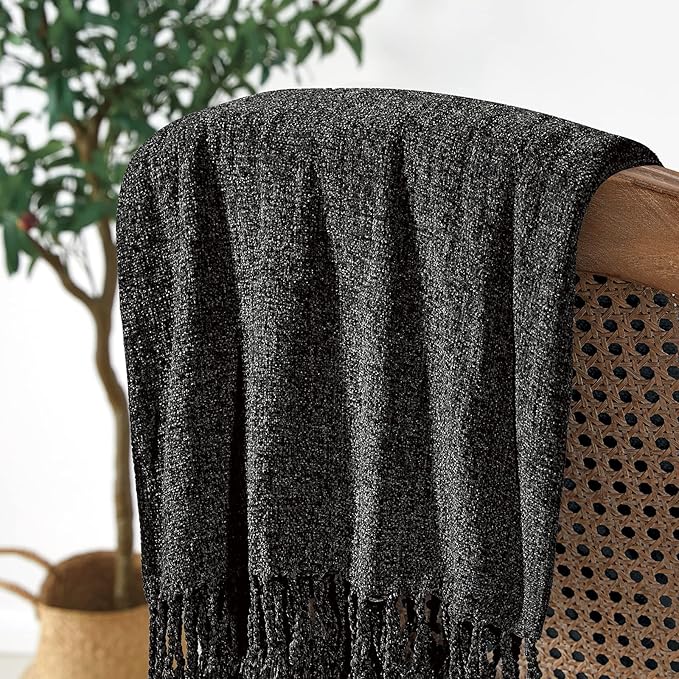 BOURINA Chenille Fluffy Throw Blanket with Decorative Fringe for Couch Cover Sofa Chair Blanket（50×60 Inches） Black