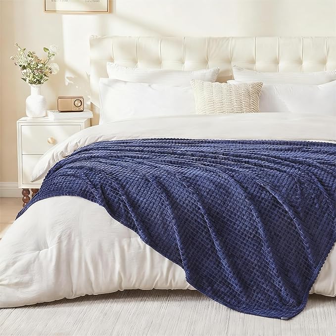 EMME Fleece Blanket, 3D Jacquard Throw Blanket for Couch and Bed, Soft Cozy and Fluffy Blankets Lightweight Luxury Flannel with Geometric Grid Design (Navy Blue, 80" x 90")