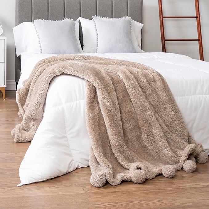 PAVILIA Tan Sherpa Throw Blanket for Couch, Warm Plush Pom Pom Blanket Throw Twin, Fuzzy Sofa Blanket Throw for Bed, Lightweight Soft Cozy Fluffy Blanket with Pom Poms, Taupe, 60x80