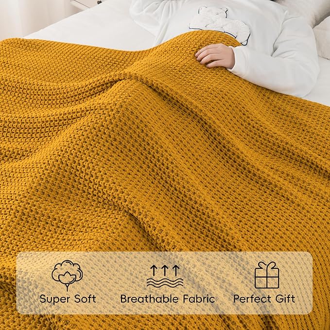 Bunnikins & Clover Knitted Waffle Throw Blanket 50x60 Inches, Mustard Yellow Throw Blanket for Couch, Soft Cozy Chenille Knit Blanket Warm Decorative Throw for Sofa