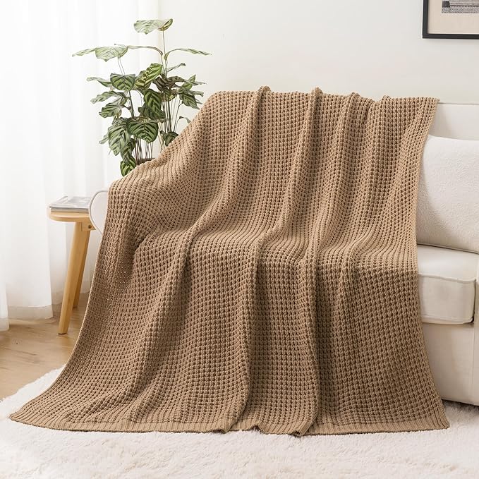 Bunnikins & Clover Beige Throw Blanket for Couch, Knitted Beige Throw for Bed, Neutral Throw Blankets Tan Blanket for Room Decor Housewarming Gifts, 50"x60"