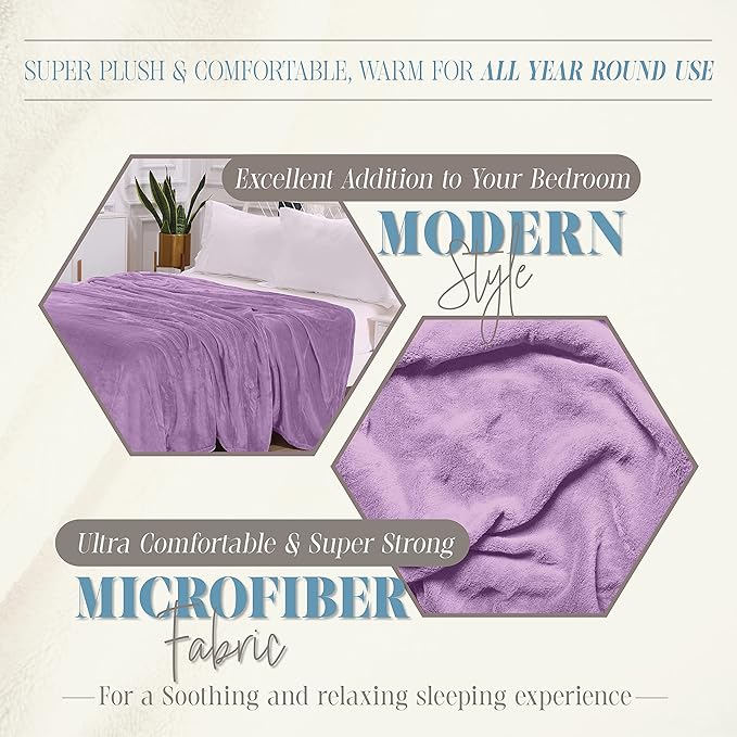 Elegant Comfort Luxury Velvety Feel Blanket, All-Season Lightweight Blanket, Ultra Plush, Soft, Cozy-Fuzzy Flannel Fleece for Couch, Sofa, Bed, Travel, Solid Design, Full/Queen, Lavender