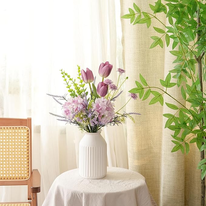 LUEUR Artificial Flowers with White Ceramic Vase – Spring Floral Centerpiece Table Decorations, Faux Tulip, Hydrangea & Lavender Flower Arrangement for Coffee Table, Dining Room, Spring Decor