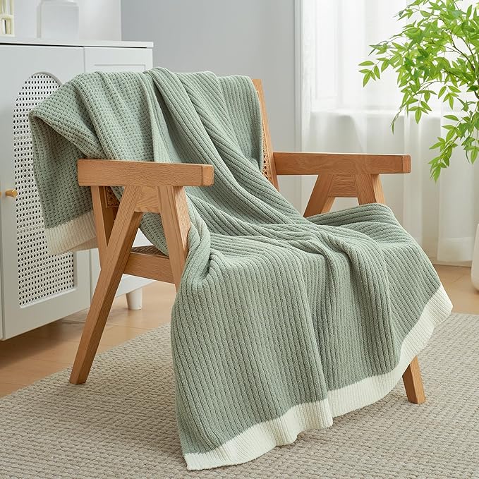 Amélie Home Waffle Throw Blanket for Couch Twin, Soft Cozy Chenille Knit Blanket Warm Decorative Throw for Sofa, Bed, Living Room, 60"x80", Sage Green
