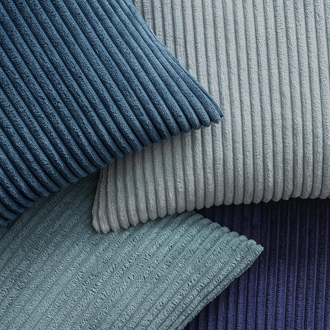 EMEMA Coastal Blue Decorative Throw Pillow Covers 18x18 Inch Set of 4 Boho Farmhouse Corduroy Striped Square Pillow Case,Western Modern Cushion Covers for Couch Bed Livingroom Home Decor