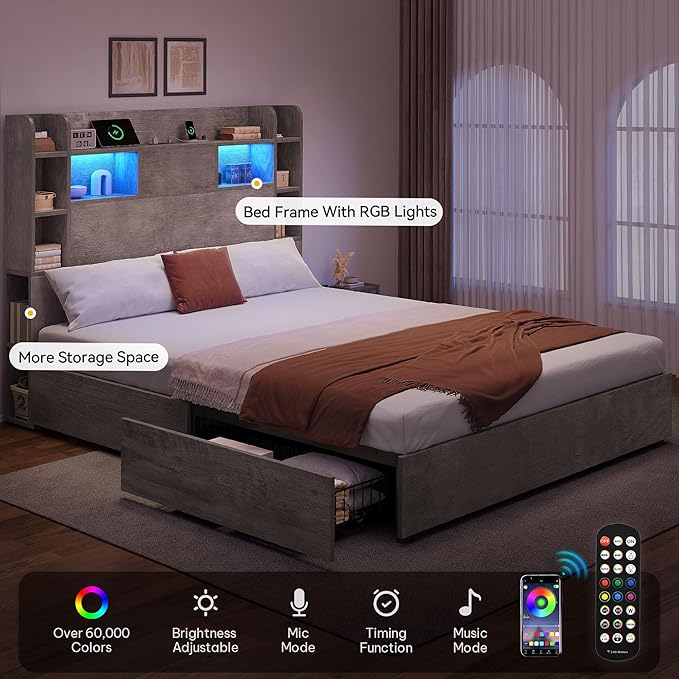 DWVO Queen Size Bed Frame with Bookcase Headboard and 4 Storage Drawers, RGB LED Bed Frame with Type-C & USB Charging Station Storage Headboard Bed, No Box Spring Needed, Noise Free, Grey