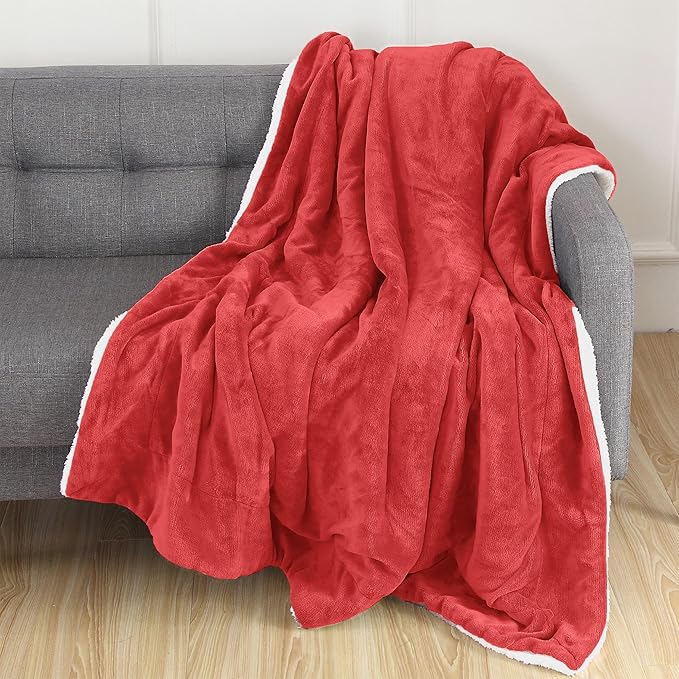 Elegant Comfort Luxury Ultra-Plush Velvet Touch Fleece Throw Soft, Warm, Cozy, Micromink Sherpa-Backing Reversible Blanket for Bed, Sofa and Couch, Red