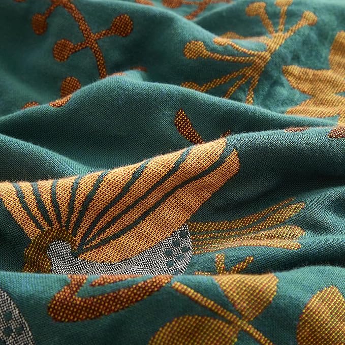 Boho Throw Blanket for Couch Sofa Bed, 100% Cotton Woven Quilt with Tassel 50”x60”, Super Soft Muslin Blanket with Bird Printed, Decorative Reversible Bed Blanket/Cover for All Seasons