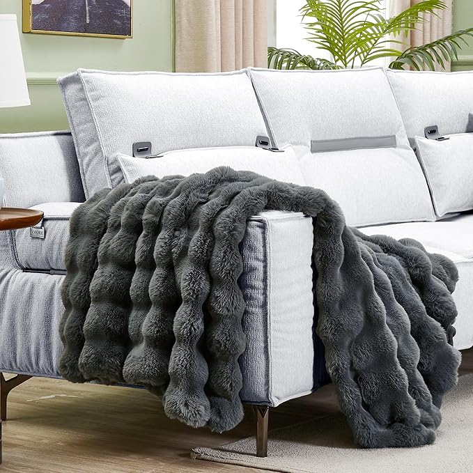 JONIYEAR Solid Thick Fuzzy Bubble Faux Rabbit Fur Blanket Twin Size 60" x 70", Decorative Bumpy Cute Cozy Fluffy Gray Warm Blanket for Winter, Oversized Reversible Poofy Comfy Shag Furry Throw, Grey