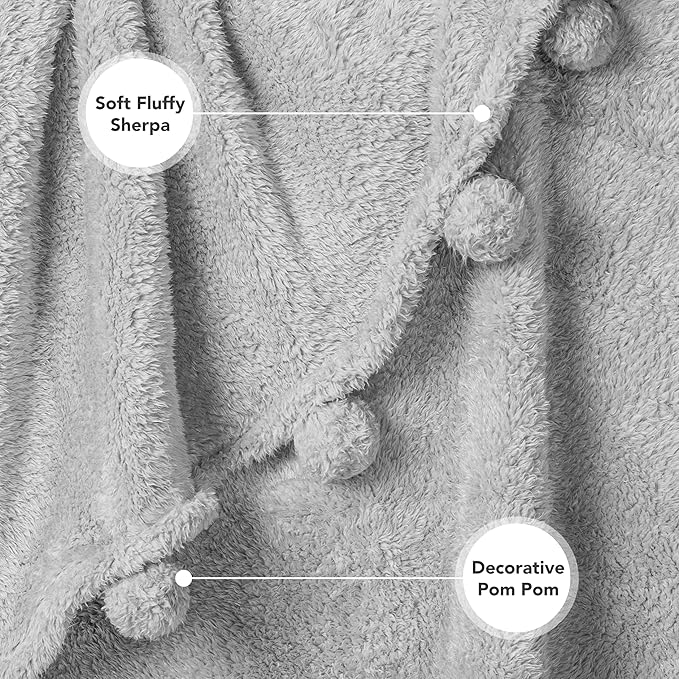 Pavilia Light Grey Sherpa Throw - Twin, Fuzzy Couch Throw with Pom Poms, Soft Fluffy Cozy Blanket - Lightweight, 60x80