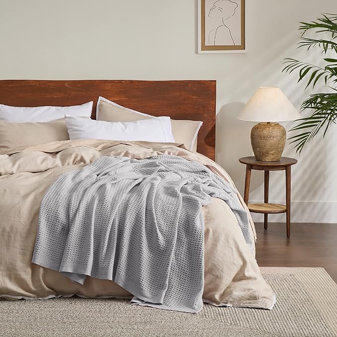 Bedsure Gentlesoft 100% Cotton Blanket Twin XL Size for College Dorm - Cooling Breathable and Soft for Spring Summer, Waffle Weave Twin Blanket for Bed, Dorm Room Essentials, Grey, 66x90 inches