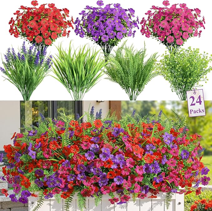 Alupssuc 24 Bundles Artificial Flowers for Outdoors Planters Spring Decoration, UV Resistant Faux Eucalyptus Violet and Lavender Silk Fake Plants for Outside Indoor Yard Home Patio Decor, Mix 3 Colors