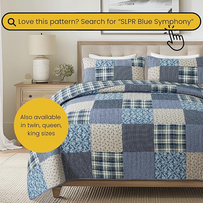 SLPR Cotton Quilted Throw Blanket, 50" x 60" Floral Farmhouse Patchwork Quilt, Shabby Chic Patchwork Throw Lap Quilt for Couch, Blue Symphony