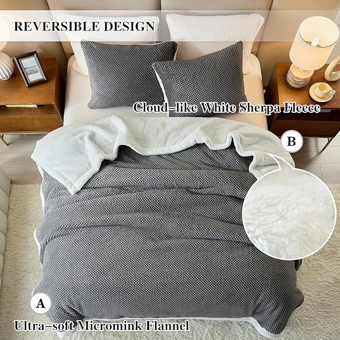 Luxury Flannel Fleece Sherpa Blankets Queen Size for Bed, Jacquard Boho 3-Layer Thick and Warm Blanket for Winter, Soft Cozy Fuzzy Plush Velvet Blanket with 2 Pillow Cases, Grey, 88x88 Inches