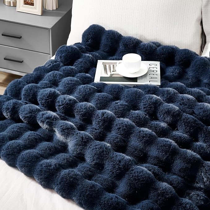 JONIYEAR Soft Fuzzy Bubble Faux Rabbit Fur Throw Blanket for Couch 50" x 60", Reversible Textured Fluffy Warm Thick Blanket for Winter,Luxury Cozy Puffy Shaggy Comfy Furry Blankets for Sofa, Navy Blue