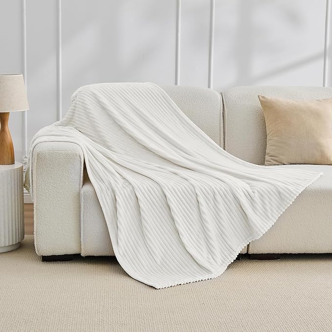 Bnuitland Fleece Throw Blanket for Couch, 300GSM Soft Warm Cozy Fluffy White Throw for Adults & Kids, Stripe Pattern 50"x60", All Season Sofa Bed Blanket for Home Decor