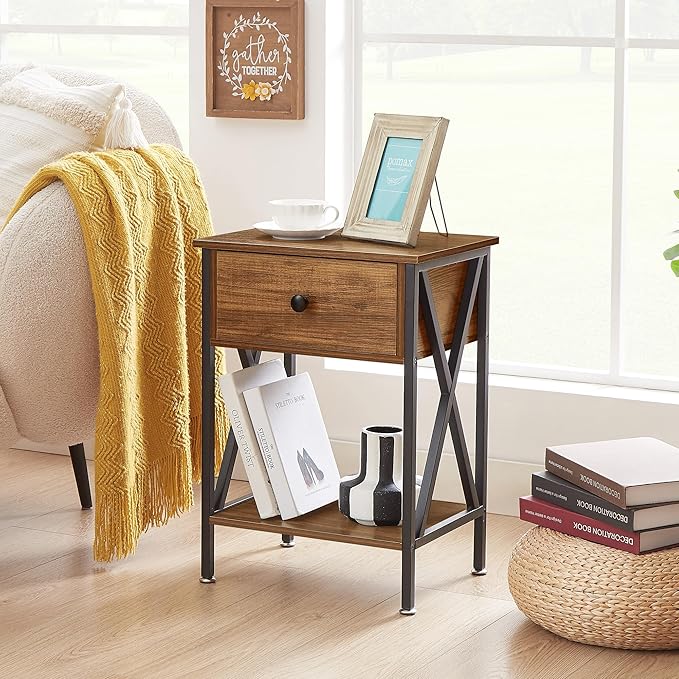 VECELO Nightstands Set of 2, Modern Bedside End Tables, Night Stands with Drawer and Storage Shelf for Living Room Bedroom, Industrial Metal Frame