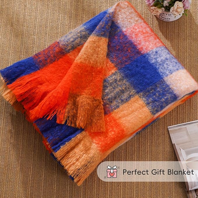 BATTILO Fall Orange Plaid Throw Blanket for Couch, Colorful Mohair Tartan Plaid Blanket, Farmhouse Style Throw Blankets for Fall Home Decor(50"x60")