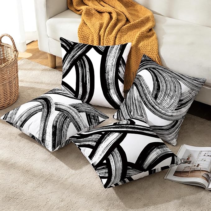 Black and White Abstract Striped Throw Pillow Covers 18x18 Set of 4, Modern Art Boho Lines Decorative Square Pillow Cases for Farmhouse Living Room Sofa Bed Couch, Spring Easter Minimalist Home Decor