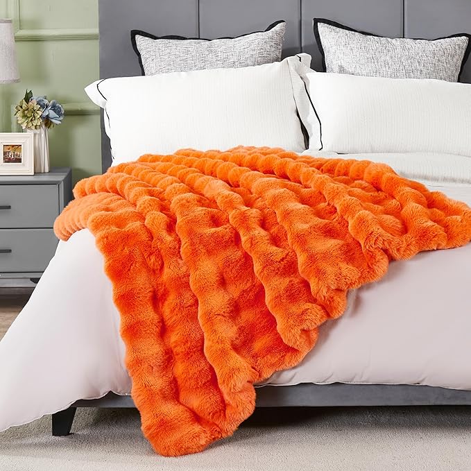 JONIYEAR Large Solid Fall Bubble Faux Rabbit Fur Bed Blanket Full Size 70" x 80", Decorative Puffy Big Warm Fuzzy Blanket for Winter,Extra Thick Shaggy Cozy Comfy Fluffy Blankets for Adult Kid, Orange