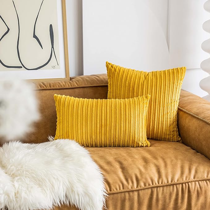 UGASA Velvet Pillow Covers Striped Decorative Throw Pillow Covers Cushion Case with Hidden Zipper for Home Couch/Bedroom, Soft Cozy Solid Square, 1 Piece (12"x20", Primrose Yellow)