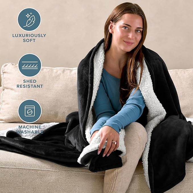 Bare Home Sherpa Fleece Blanket - Twin/Twin Extra Long - Blanket for Bed, Sofa, and Couch - Warm & Lightweight - Fluffy & Soft - Reversible (Twin/Twin XL, Black)