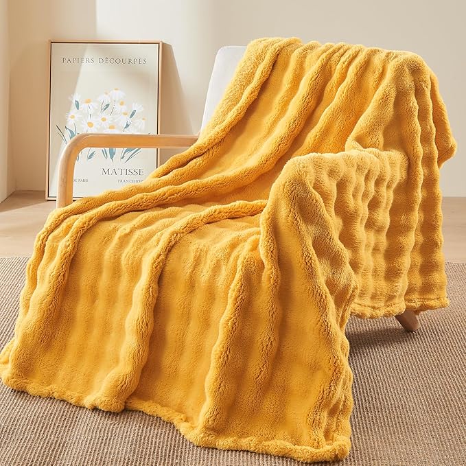 NEWCOSPLAY Twin Blanket for Couch Mustard Yellow Super Soft Flannel Fleece 3D Bubble Lightweight Bed Blanket All Season Use (Mustard Yellow, Twin(60"x80"))