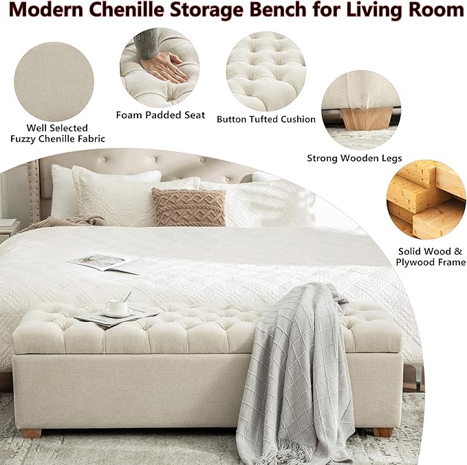 60.2" Storage Ottoman Bench for Bedroom Bed End,Chenille Bench with Seating,Button Tufted Ottomans with Storage for Living Room,Bedside,Entryway (Chenille Beige, 60.2")
