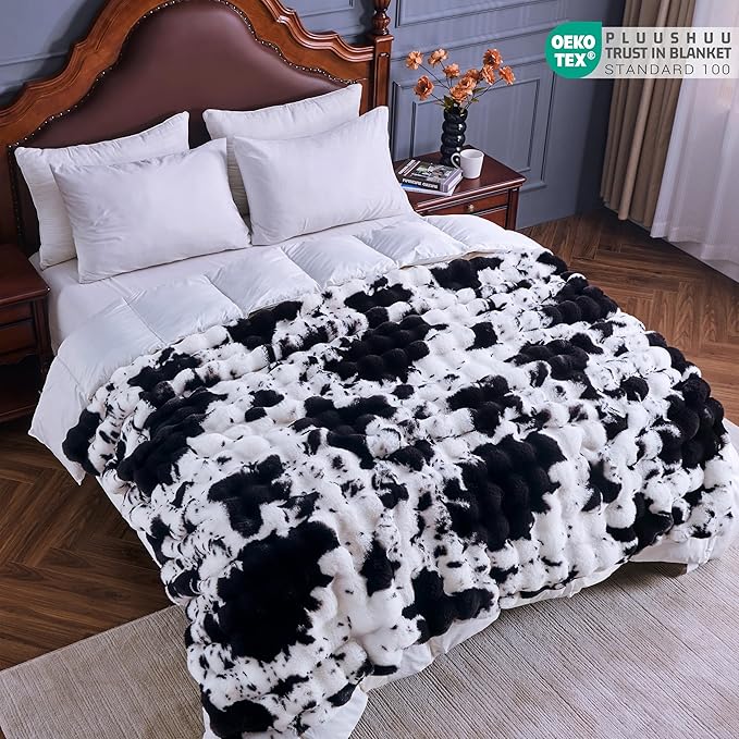 Faux Fur Throw Blanket for Couch, Fluffy Fuzzy Plush Bubble Blanket, Soft Warm Cozy Shaggy Rabbit Blanket, Luxury Decorative Gifts for Sofa Bedroom Living Room, 90x90inch (Cow Print-Black)