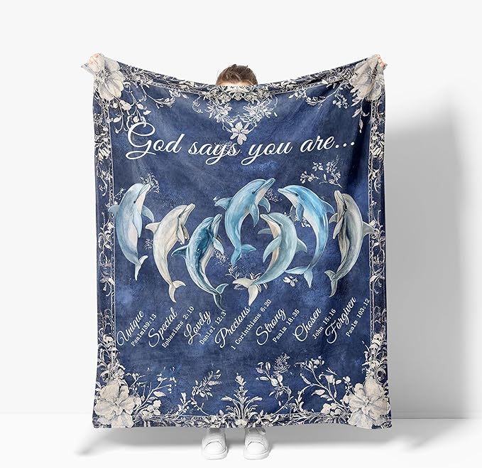 Dolphin Throw Blanket God Says You are Soft Warm Cozy Christian Scripture Dolphins Blankets Religious Bible Verse Fuzzy Plush Fleece Dolphin Blanket Nautical Ocean Gifts for Home Decor 40''X50''