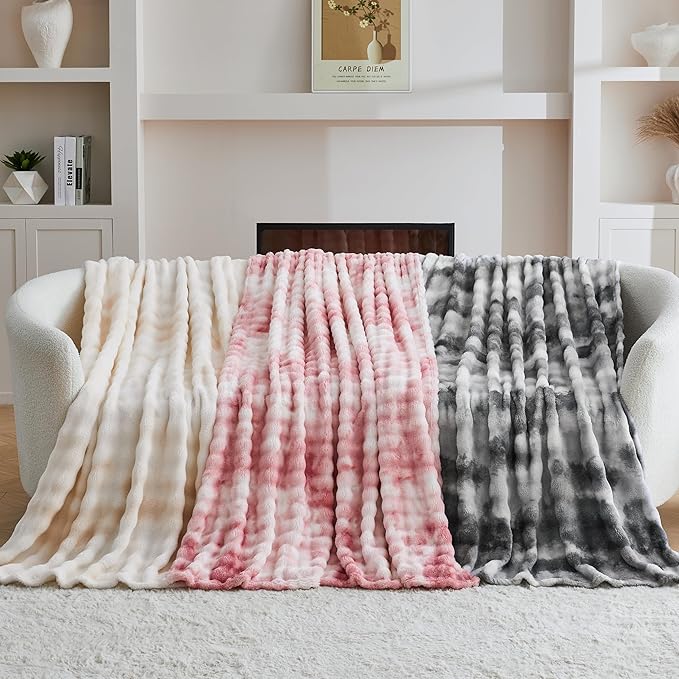 3D Bubble Plush Blanket Textured Fleece Throw Soft Warm Cozy Blanket Couch Bed Tie Dye Beige 50x60 Inches