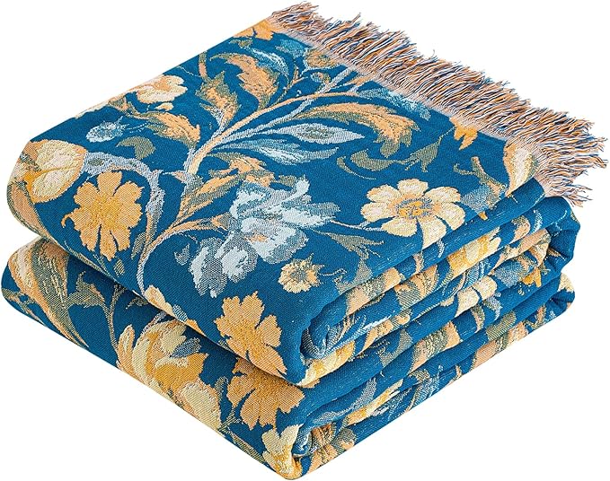 Boho Throw Blanket, 100% Organic Cotton Breathable Ultra Soft 60" x 80" Bed Quilt Blue Throw - All Season Bird Floral Rustic Farmhouse Decor Reversible Blanket for Couch Chair and Gift