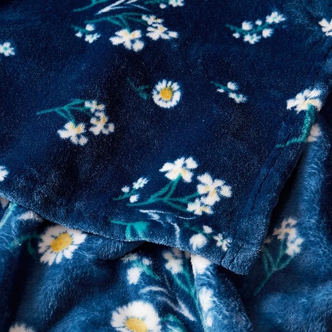 Lucky Brand Daisy Navy Blue Floral 90"X90" Cozy Plush Blanket - Premium Microfiber Throw for Luxurious Comfort and Style Full/Queen Size