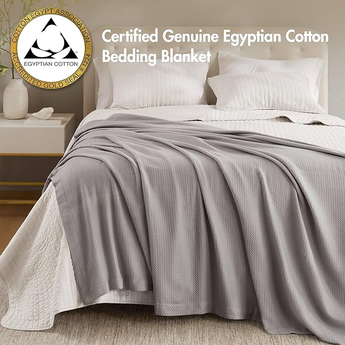Madison Park 100% Egyptian Cotton Lightweight Summer Blanket, Breathable Waffle Knit Design, Soft Cozy All-Season Throw for Bed, Couch or Sofa, Grey King Size (108"x90")