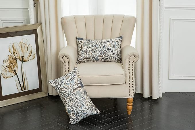 Mika Home Pack of 2 Oblong Rectangular Throw Pillow Cover Cushion Cases for Sofa Couch Chair,Paisley Pattern,12x20 Inches,Blue Brown Cream Multicolor