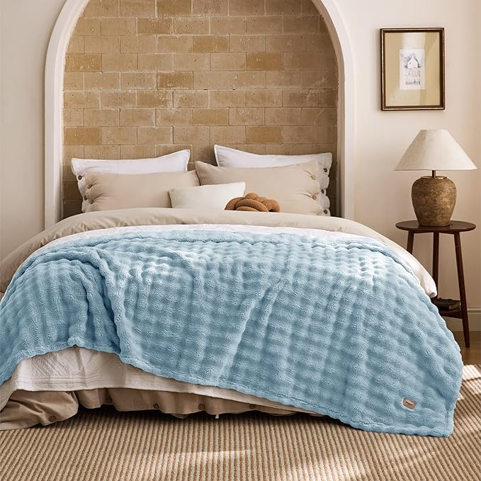 Bedsure 3D Fleece Bubble Blanket - GentleSoft Blue Queen Blanket for Bed Sofa Room Decor - Luxury Soft Cozy Gifts, Lightweight, All Seasons, Light Blue, 90"×90"