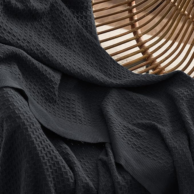 Bedsure Gentlesoft 100% Cotton Throw Blanket for Couch 50x70 inches - Cooling Breathable and Soft for Spring Summer, Waffle Weave Throw Blanket for Office, Black