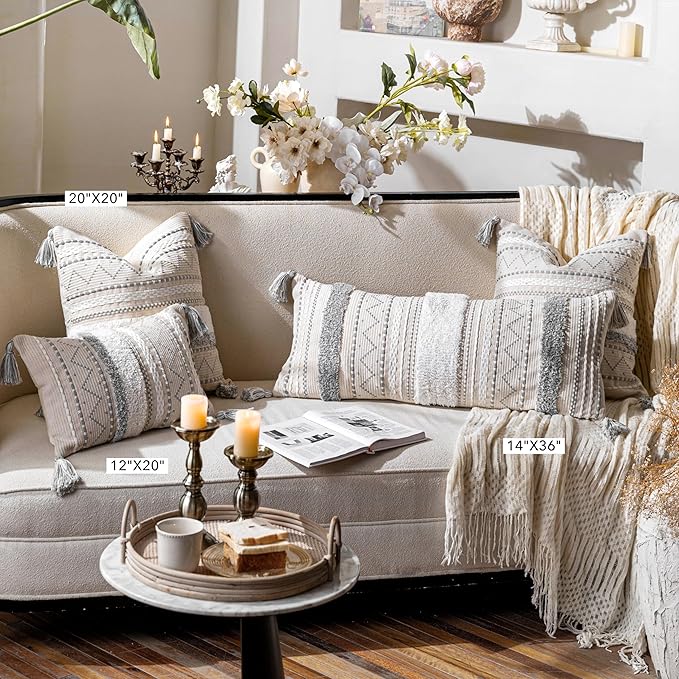 BlissBlush 14x36 Lumbar Pillow Cover for Bed, Rectangular Long Decorative Throw Pillowcase, Boho Accent Cushion with Gray Tufted Pattern and Tassels, Cream Neutral (Cover Only)