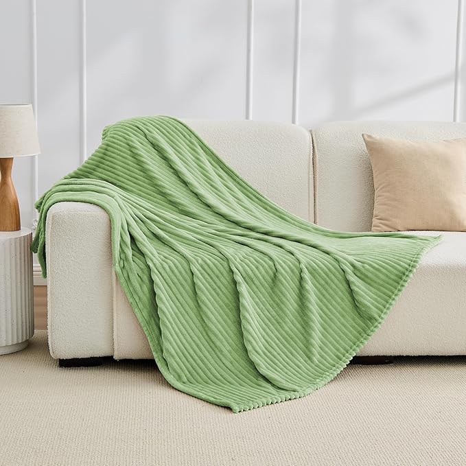 Bnuitland Light Green Flannel Throw Blanket, 300GSM Super Soft Fleece Stripe Pattern Sofa Blanket for Babys and Kids, Lightweight Cozy Bed Throw for Home Decor All Season